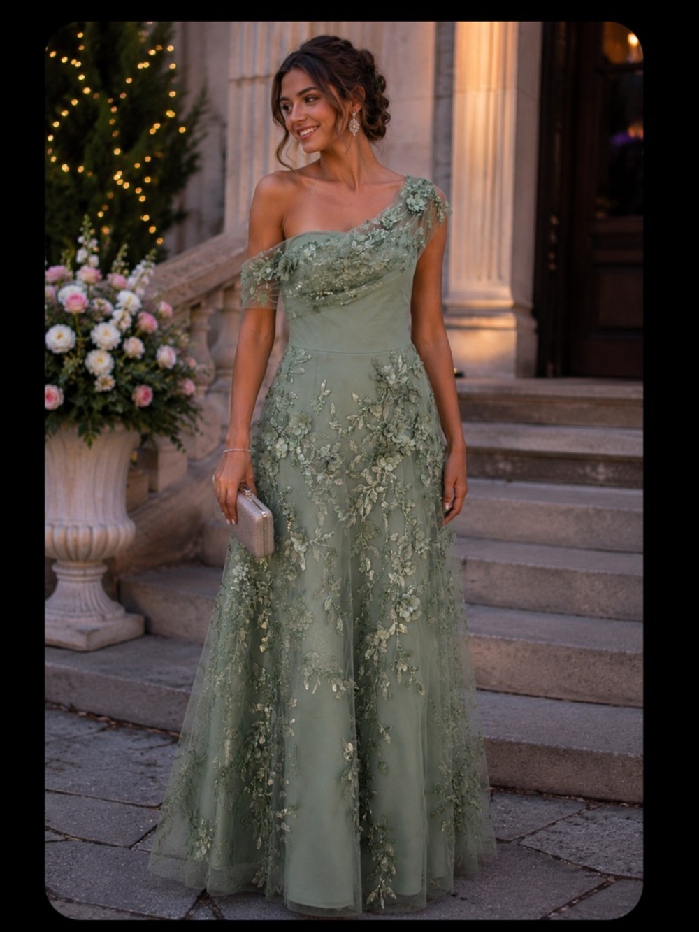 NWT Eliza J Sage Green 3D Floral Appliqué Embroidered Formal Gown Size 6
